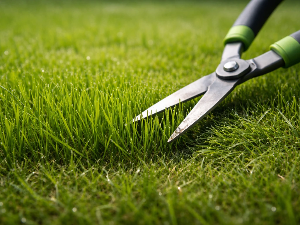 Premières feuilles de gazon de 4 à 6 cm, ciseaux de jardin en train de tondre pour une coupe régulière.