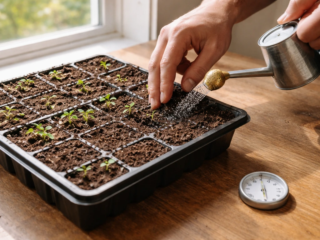 Caissette de semis avec germination irrégulière, main qui ajuste et arrose, thermomètre de jardin à côté.