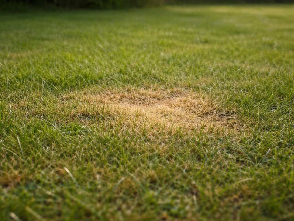 Pelouse de jardin avec une zone jaunie et brûlée, suggérant une tache d’urine sur gazon.