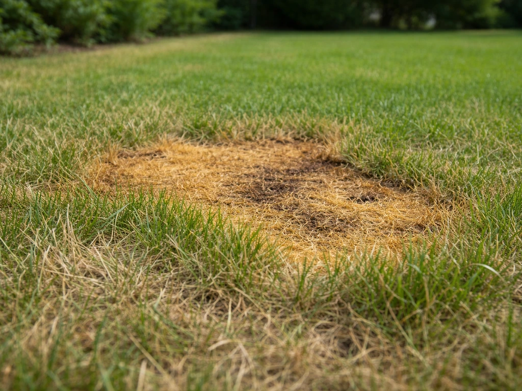 Gros plan sur une zone de gazon jaunie et brûlée, avec bordure nette et herbe desséchée.