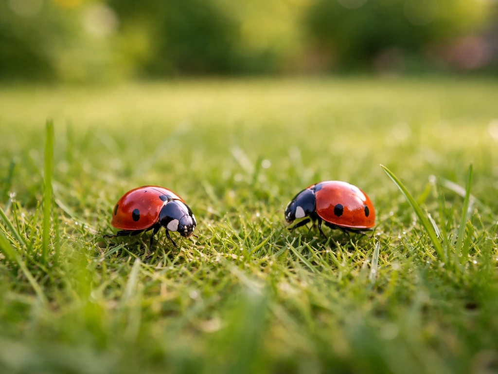 Deux coccinelles sur une pelouse verte, près d’une petite zone de gazon abîmée, illustrant des insectes auxiliaires.