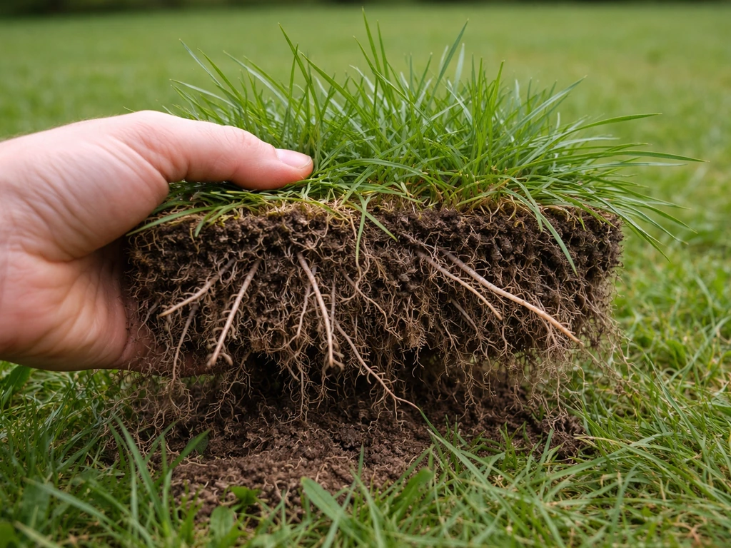 Motte de gazon arrachée montrant des rhizomes blanchâtres de chiendent et des feuilles fines.