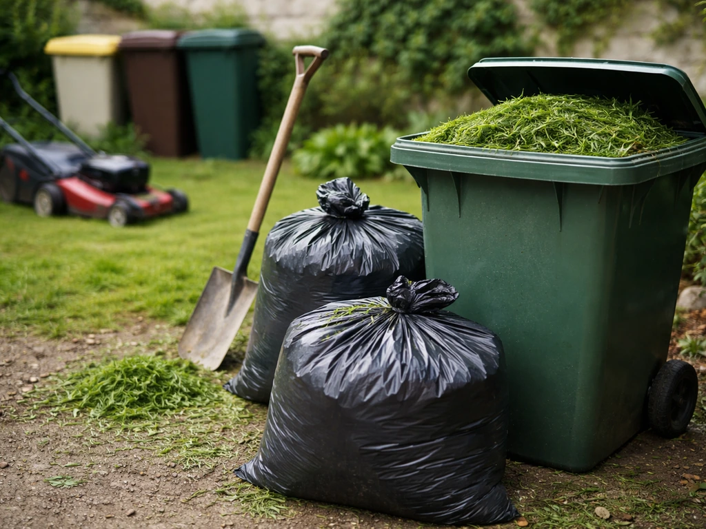 Des tontes d’herbe prêtes à être mises en sacs et bac de déchets verts, dans une cour en France.