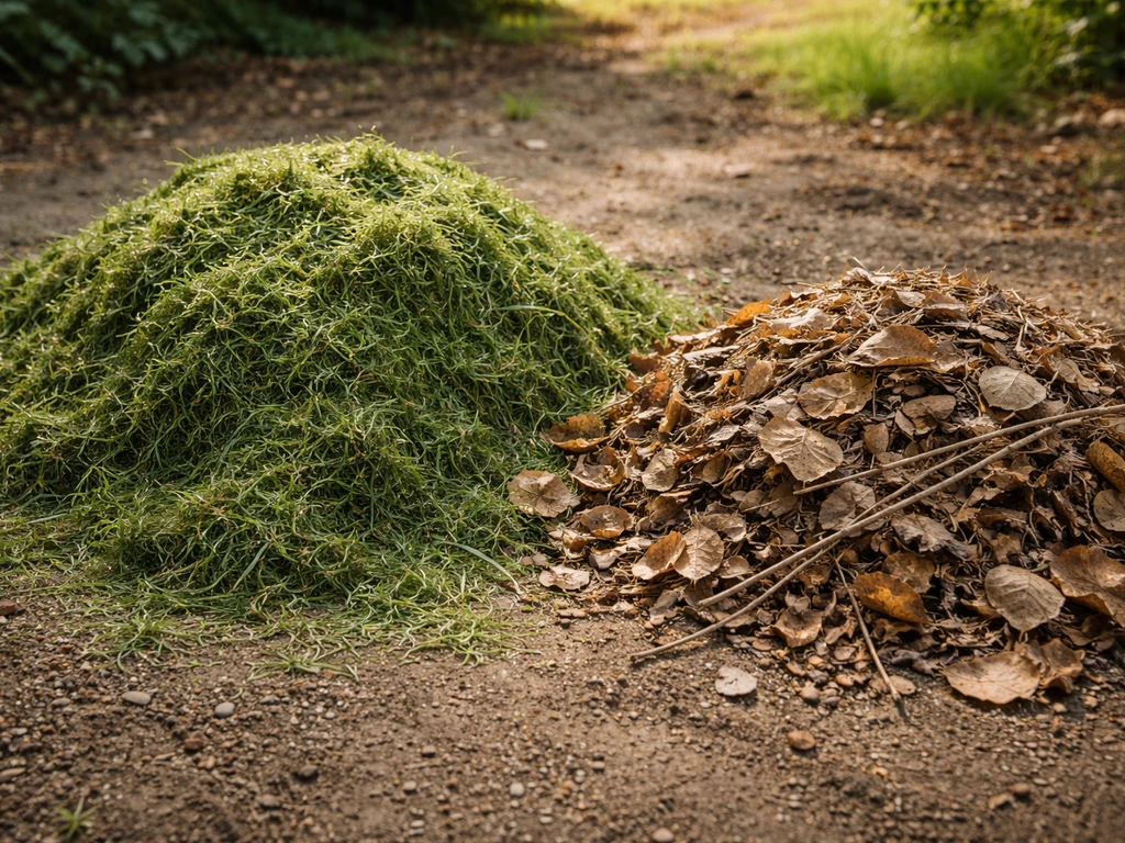Tas de tontes d’herbe à côté de feuilles mortes et petites brindilles dans un jardin, photo réaliste.
