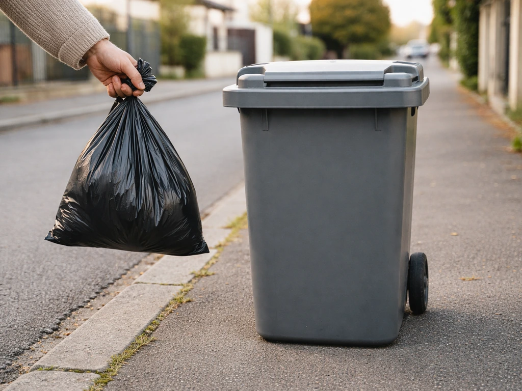 Deux contenants de tri près d’une rue résidentielle : bac gris et sac noir dédié, étiquettes absentes.