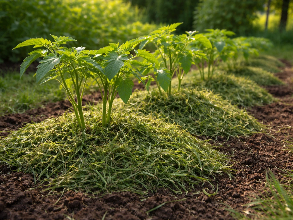 Paillis de tontes d’herbe fraîche posé au pied de jeunes plants dans un potager, jardin au premier plan.