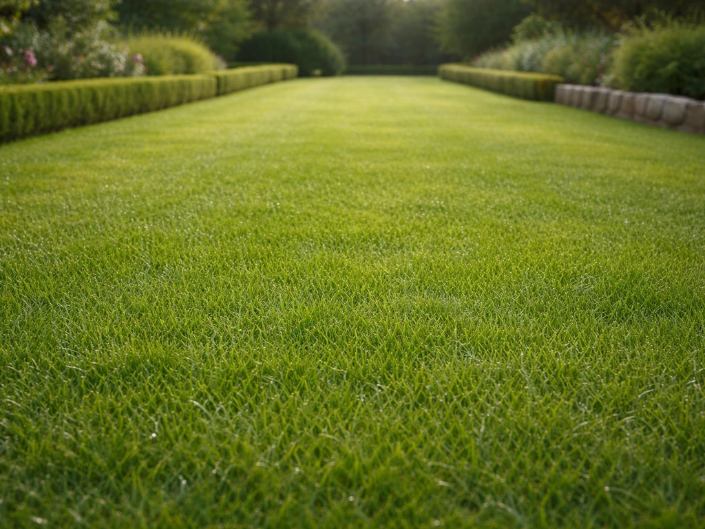 Gazon vert dense vu en perspective dans un jardin français, rosée légère et sensation de fraîcheur.