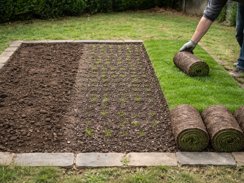 Jardin divisé en trois zones : sol nu abîmé, semis avec jeunes pousses, et rouleaux de gazon fraîchement posés.