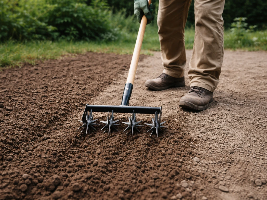 Aérateur à lames enfoncé dans une terre compacte, avec une bande non travaillée à côté (avant/après textures).