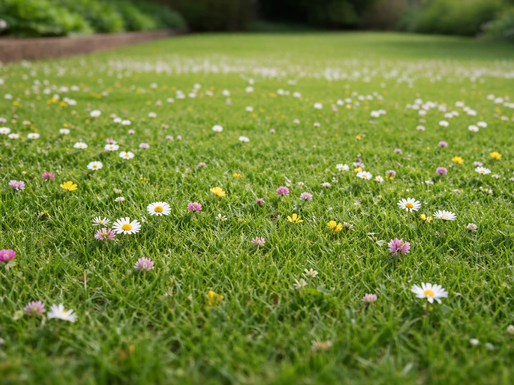 Gazon fleuri extra court dense et uniforme, fleurs basses dans la zone avant d’un jardin français.