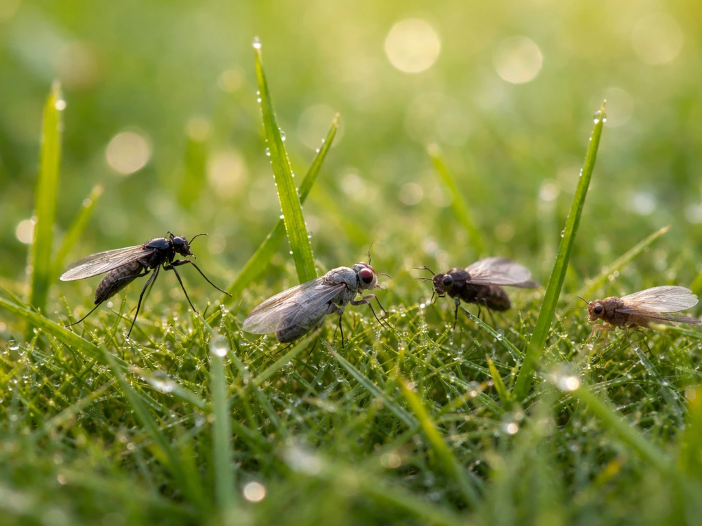 Macro au-dessus d’un gazon, plusieurs petits moucherons aux silhouettes différentes sur l’herbe humide.