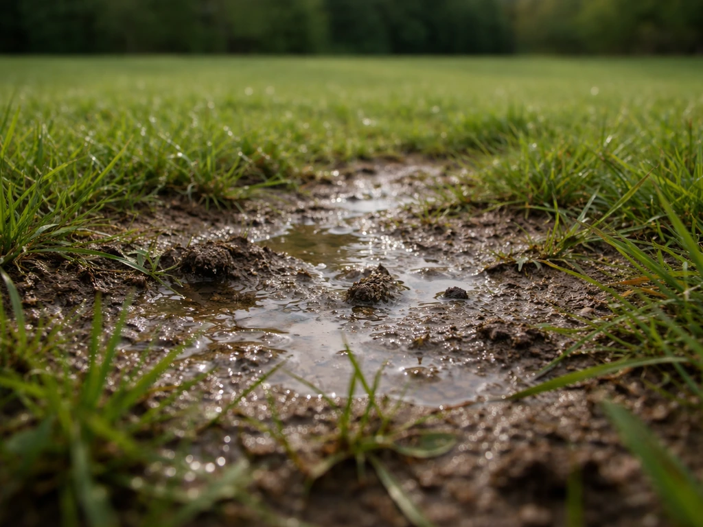 Gros plan au ras du sol sur une pelouse détrempée, feutre humide et terre légèrement croûtée.