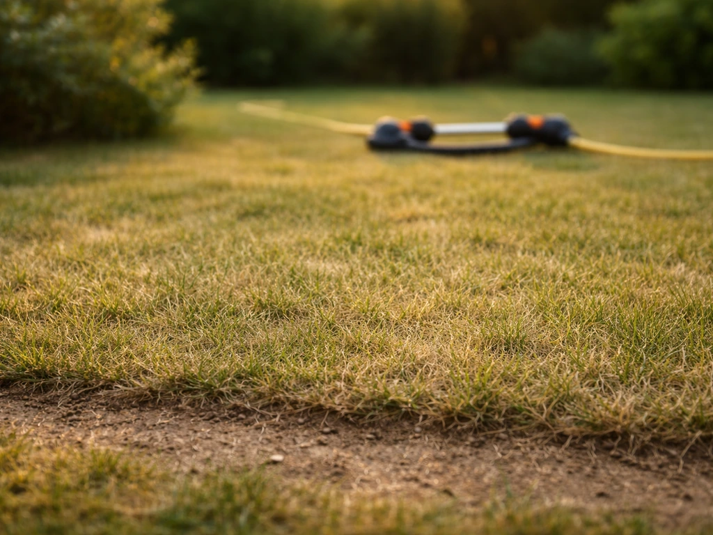 Pelouse sèche avec un arroseur de jardin désactivé en arrière-plan, illustrant l’arrêt de l’arrosage.