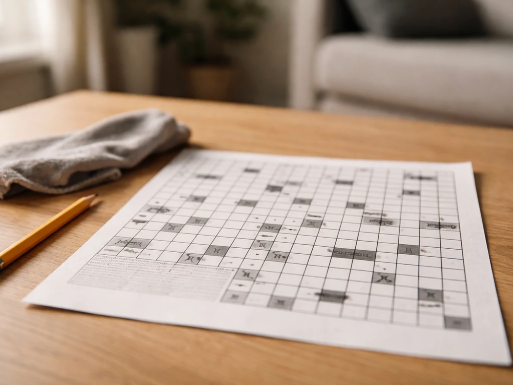 Grille de mots fléchés sur une table, avec quelques cases complétées et un indice visible, ambiance calme.