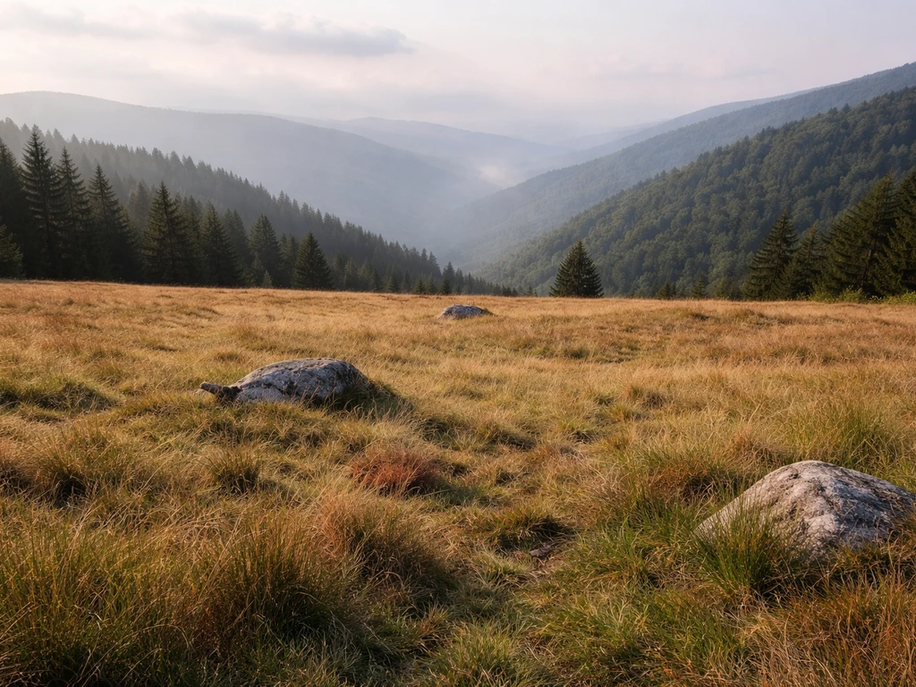 Chaume d’altitude des Vosges au “Rouge Gazon”, prairies au premier plan et collines brumeuses au loin.