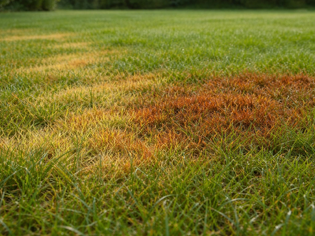 Gazon en France avec zones jaunissantes puis roussissantes, progression de la rouille bien visible