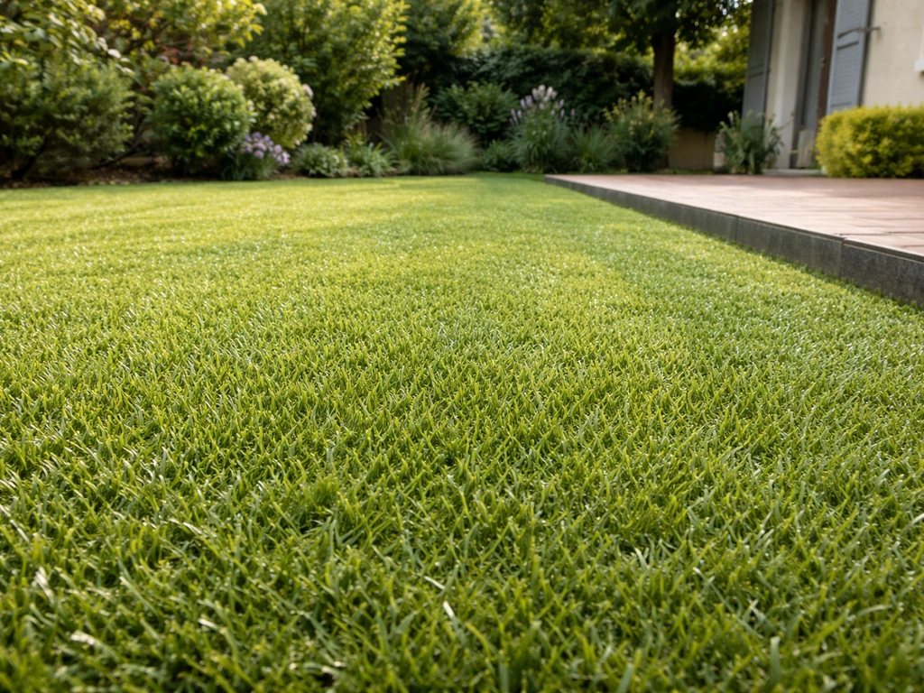 Gazon synthétique vert récemment posé dans un jardin français, brins visibles et rendu naturel.