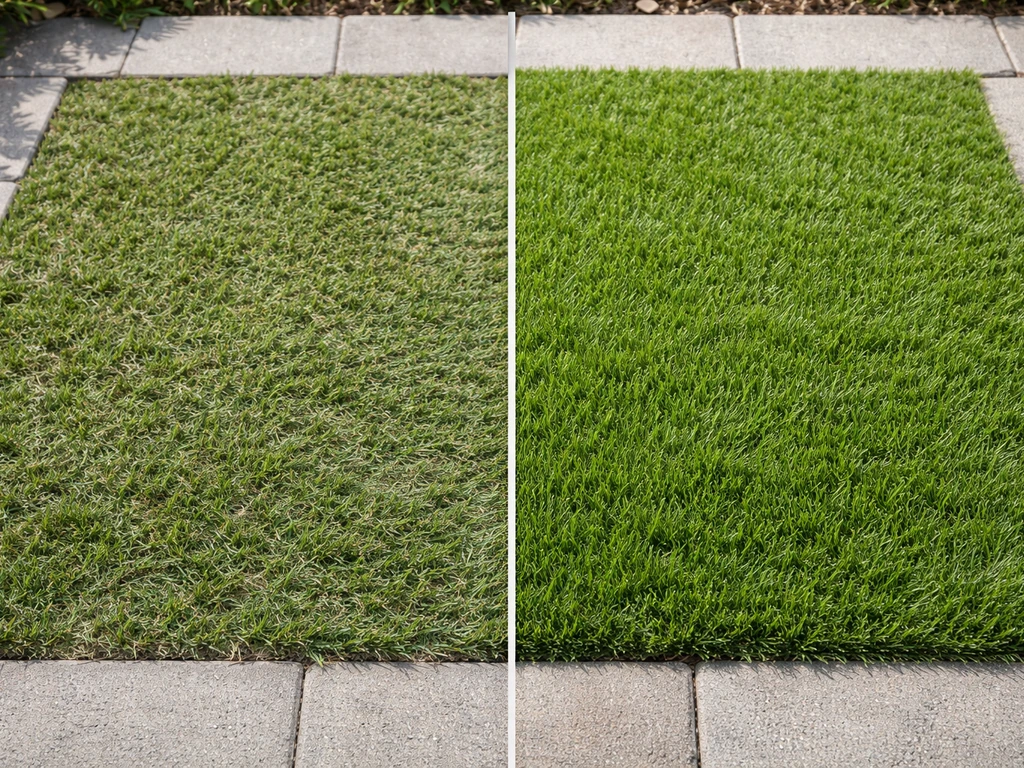 Comparaison avant/après d’une zone de gazon synthétique : brins plus denses et rendu plus naturel.