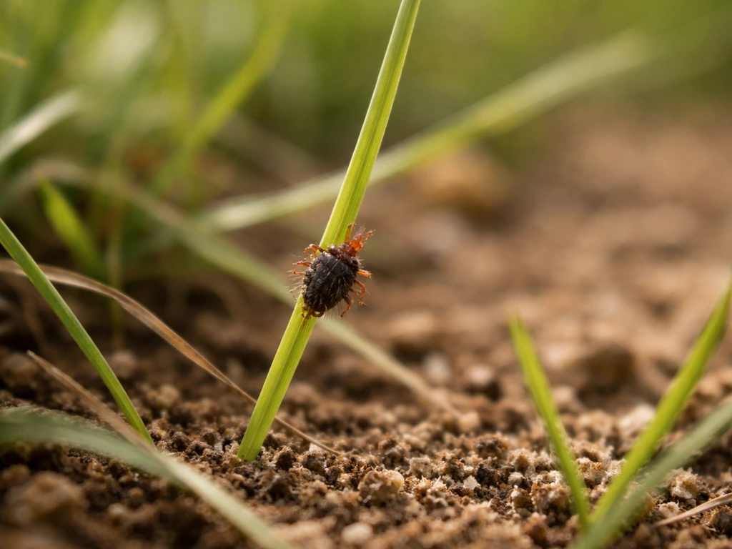 Macro réaliste d’un aoûtat sur un brin d’herbe, fond de jardin flou, pour illustrer l’origine des piqûres.
