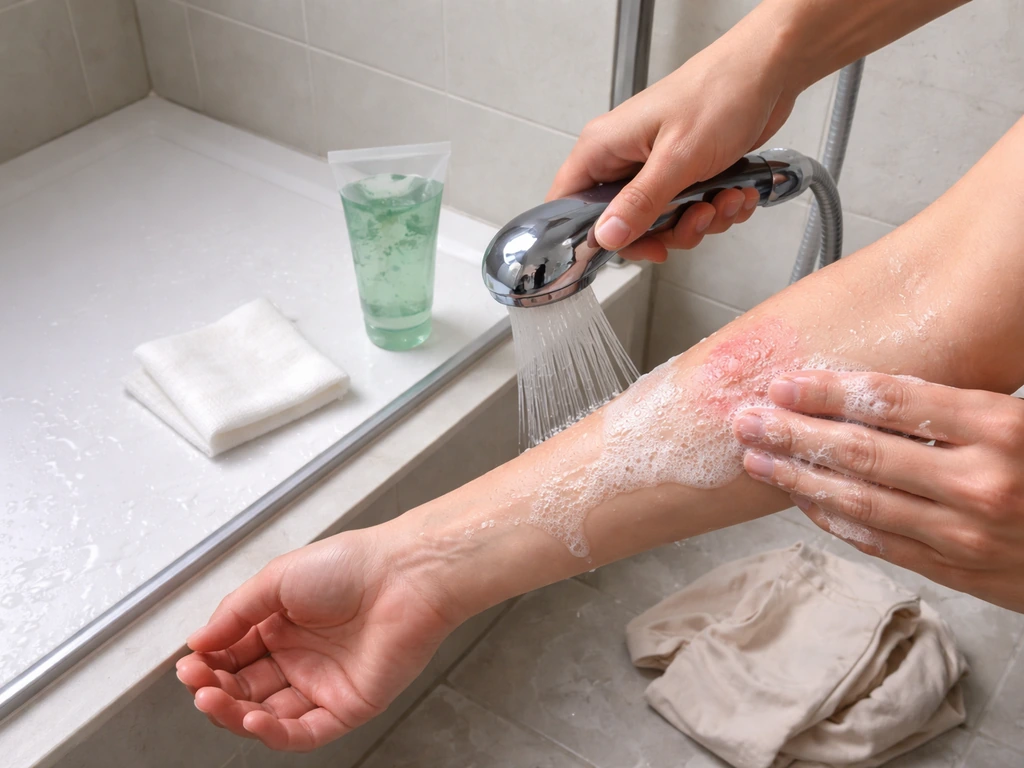 Lavage à l’eau et au savon après une piqûre, avec compresse propre et gel apaisant près de la douche.