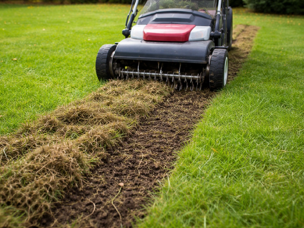 Scarificateur à lames sur pelouse de septembre, feutre arraché et sol partiellement ouvert.