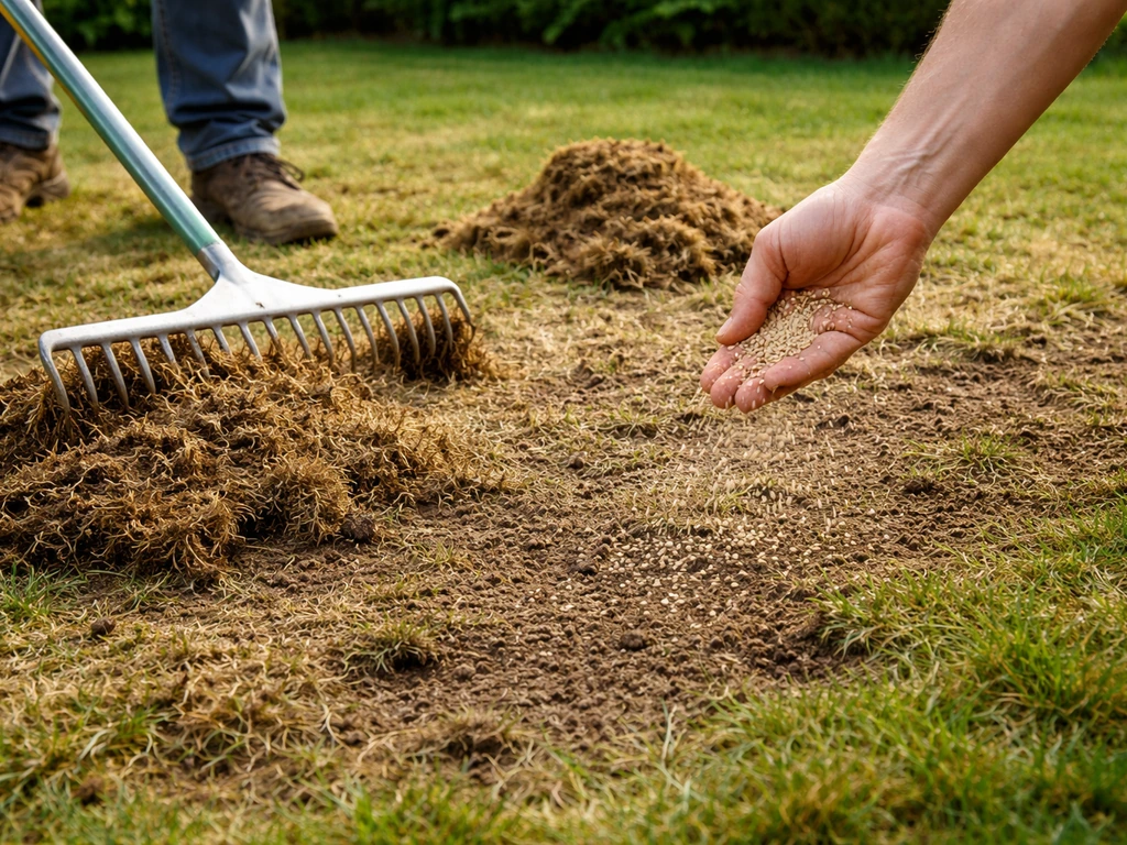 Pelouse scarifiée : feutre et mousse rassemblés, râteau au sol et sursemis en micro-ouvertures