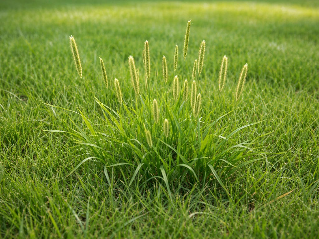 Touffes de millet dans une pelouse, épis bien visibles, pelouse environnante nette et détaillée.
