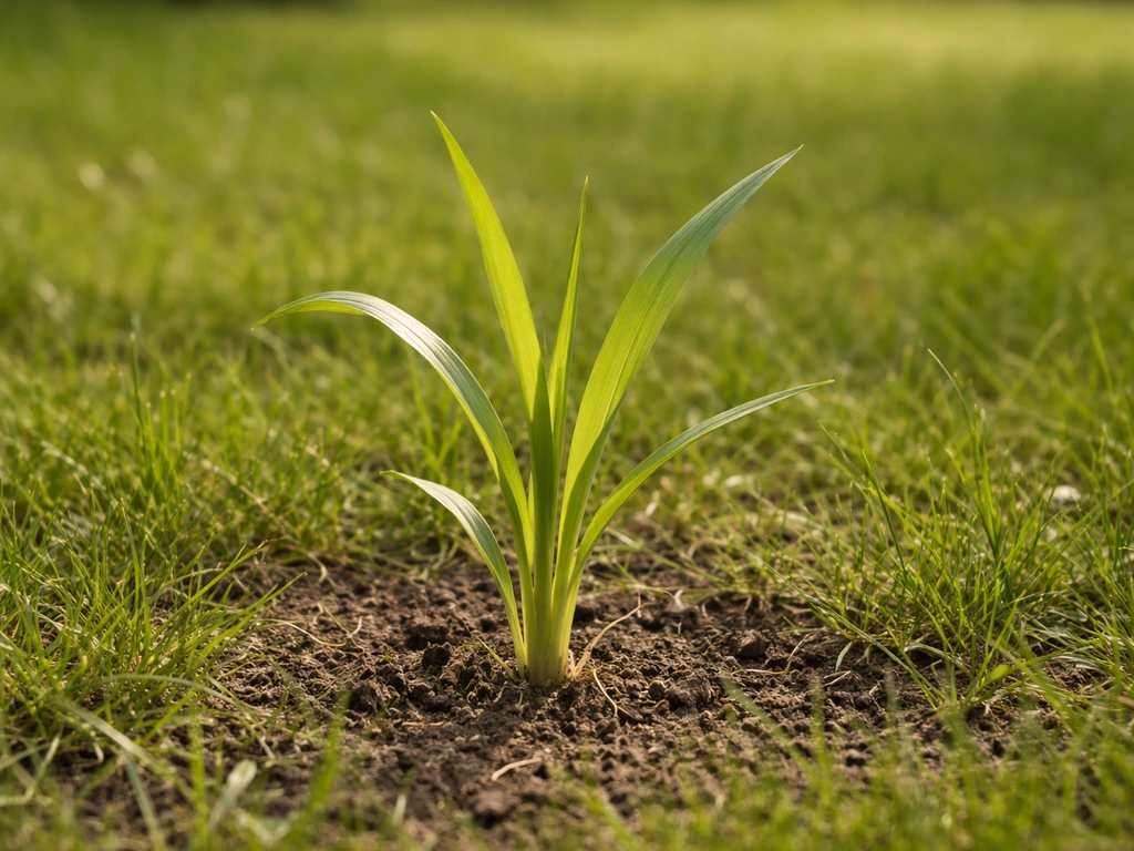Plant de millet juvénile (3 à 6 feuilles) dans une pelouse verte, vue rapprochée, lumière naturelle.