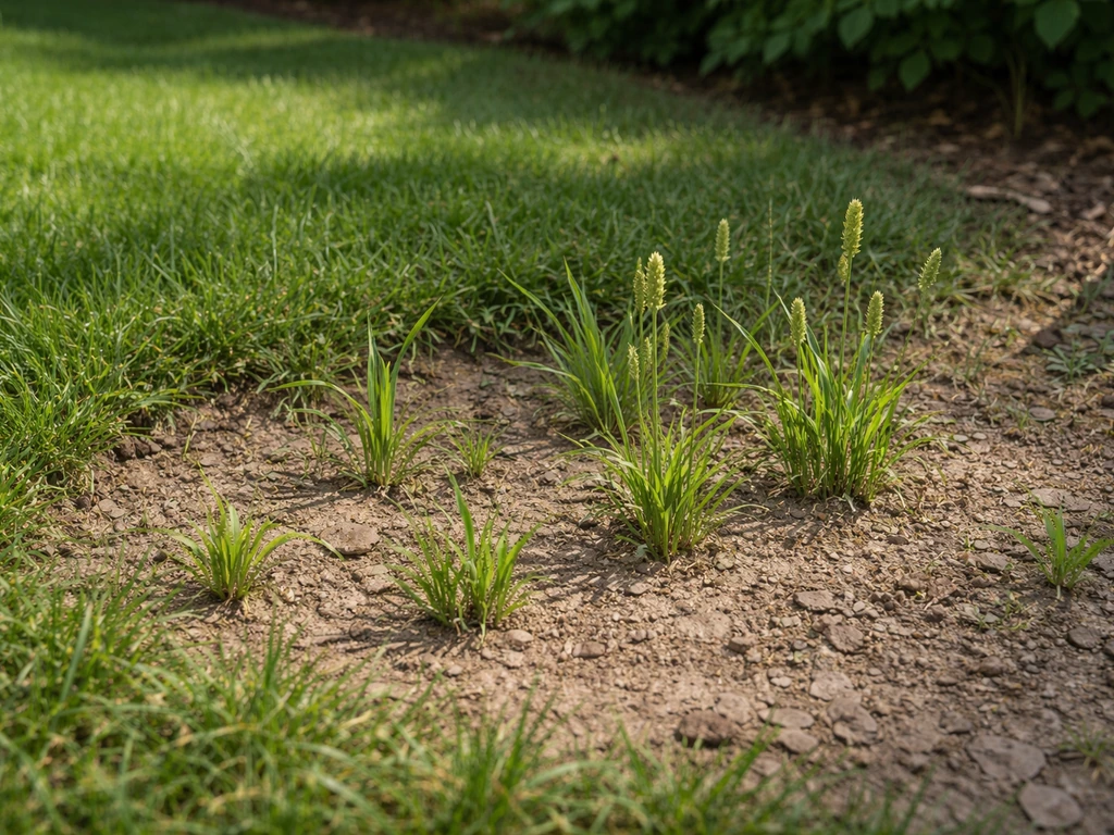 Pelouse avec touffes de millet aux zones plus claires et sol nu, près d’une bordure, lumière naturelle.