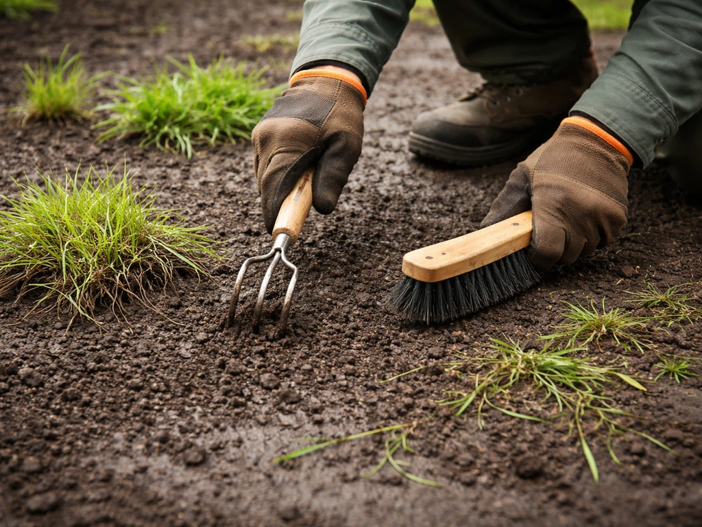 Arrachage et brossage de jeunes plants de millet sur sol humide, début de nettoyage après arrosage.