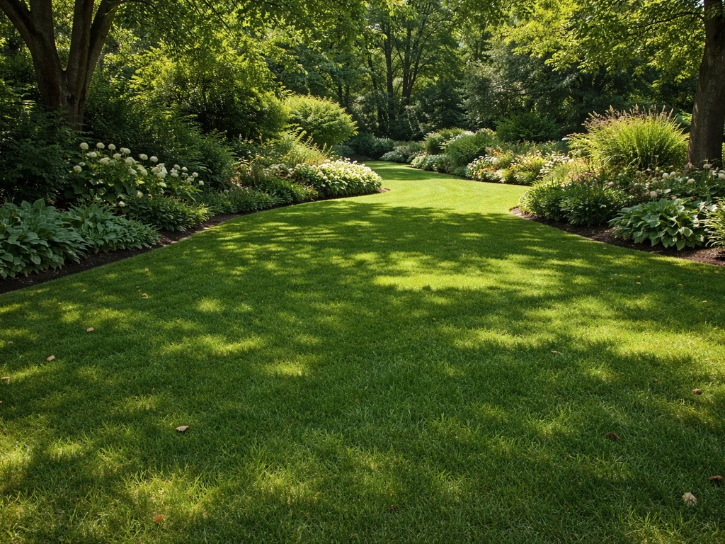 Pelouse dense et homogène en mi-ombre sous des arbres dans un jardin français, bordures nettes