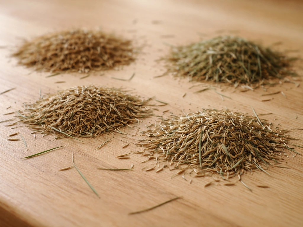 Gros plan de graines de graminées d’ombre et brins d’herbe fine disposés en petites portions, ambiance jardin naturelle.