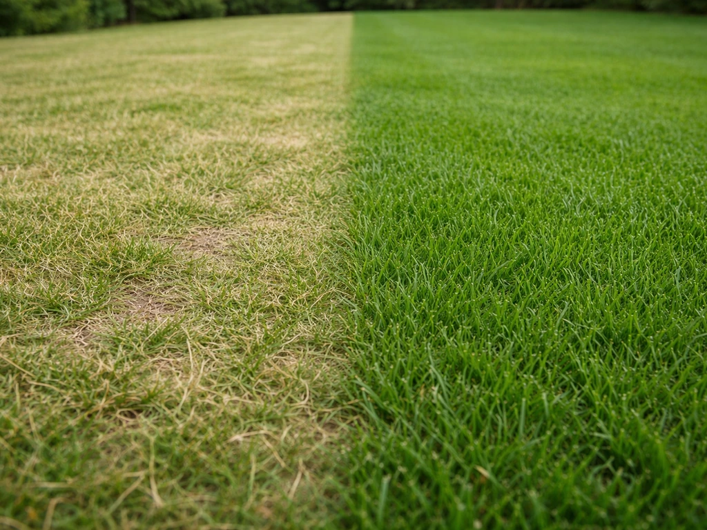 Deux zones de pelouse côte à côte : gazon ornemental fin abîmé par le piétinement et gazon de sport dense résistant.