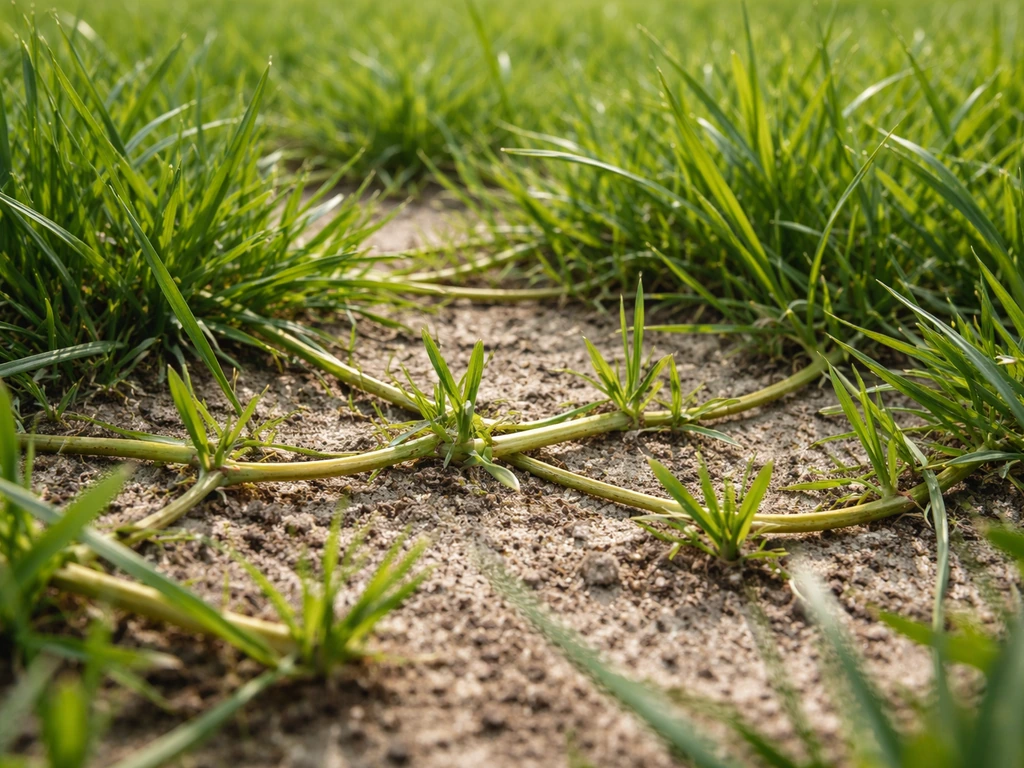 Gros plan sur le pâturin des prés, stolons au sol, montrant une repousse après passage