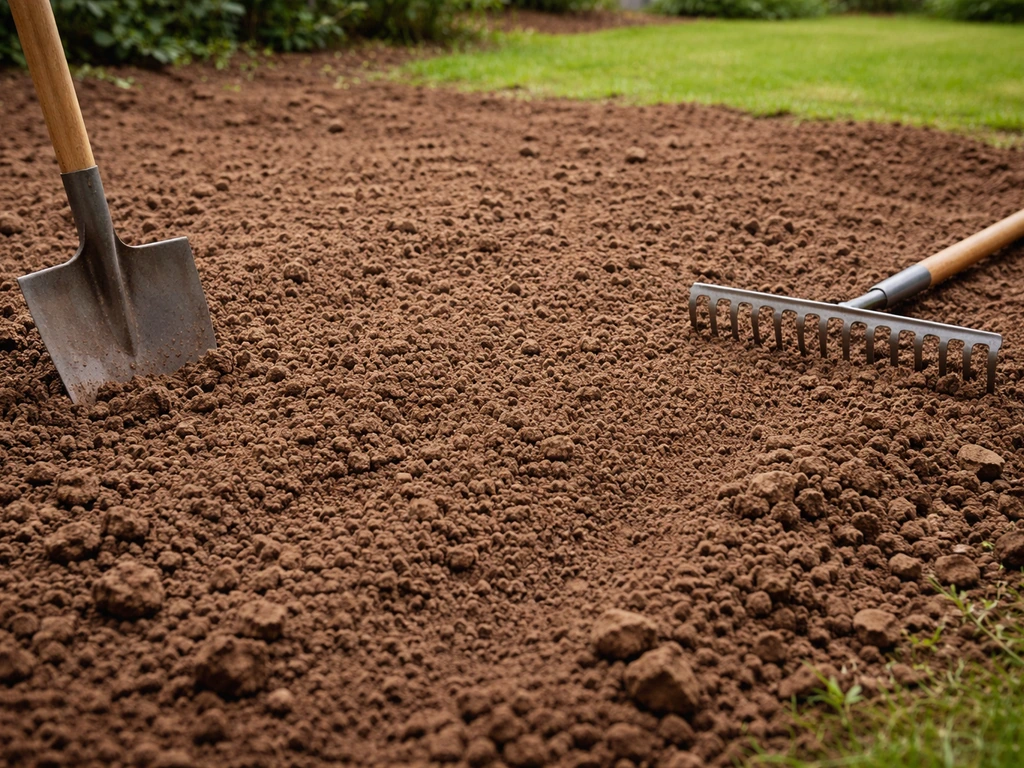 Sol de jardin bêché et ameubli avec bêche et râteau, surface prête pour semer le gazon.