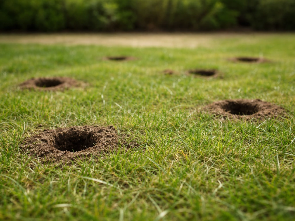 Pelouse de jardin avec plusieurs petits trous nets de 2 à 5 cm, terre fraîche visible.