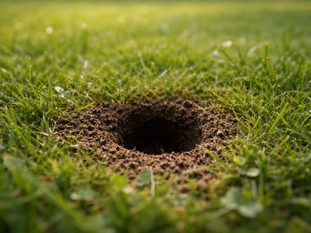 Gros plan sur un petit trou rond dans un gazon vert, bord propre, diamètre d’environ 2 à 5 cm.