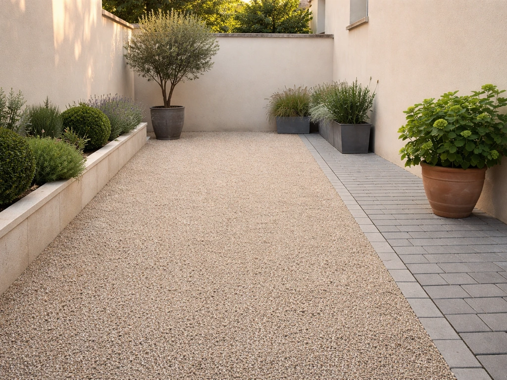 Cour sans gazon avec gravier stabilisé perméable et allée drainante en pavés autobloquants.
