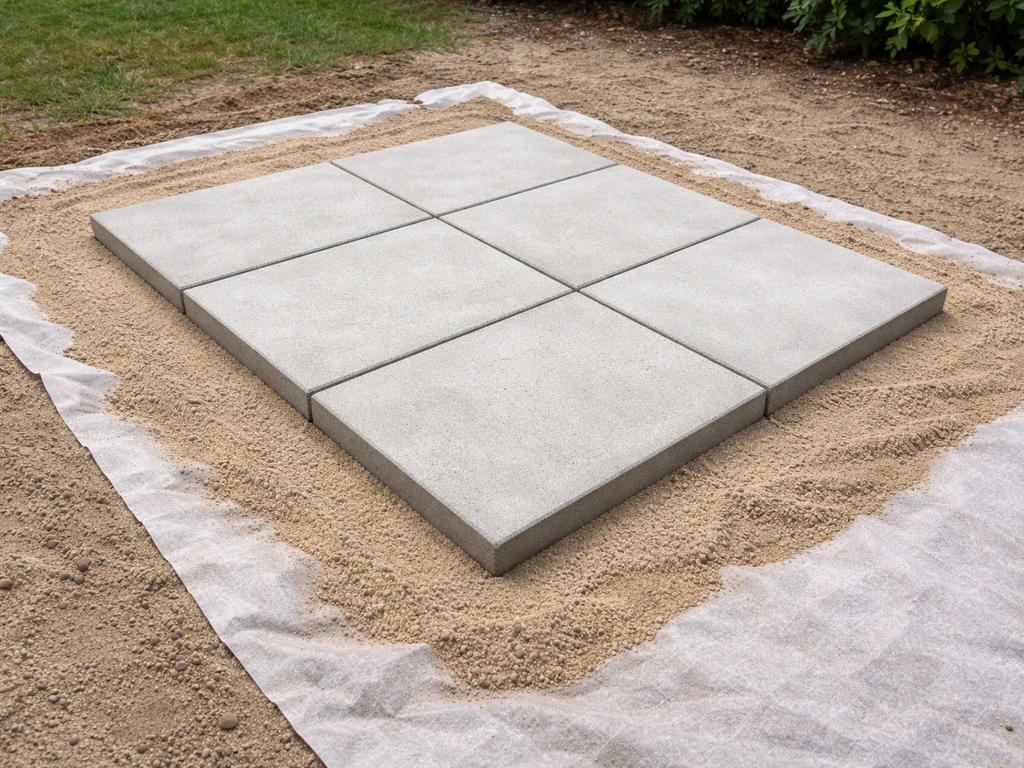 Dalles en béton posées sur lit de sable, avec géotextile visible, chantier propre et minimal.