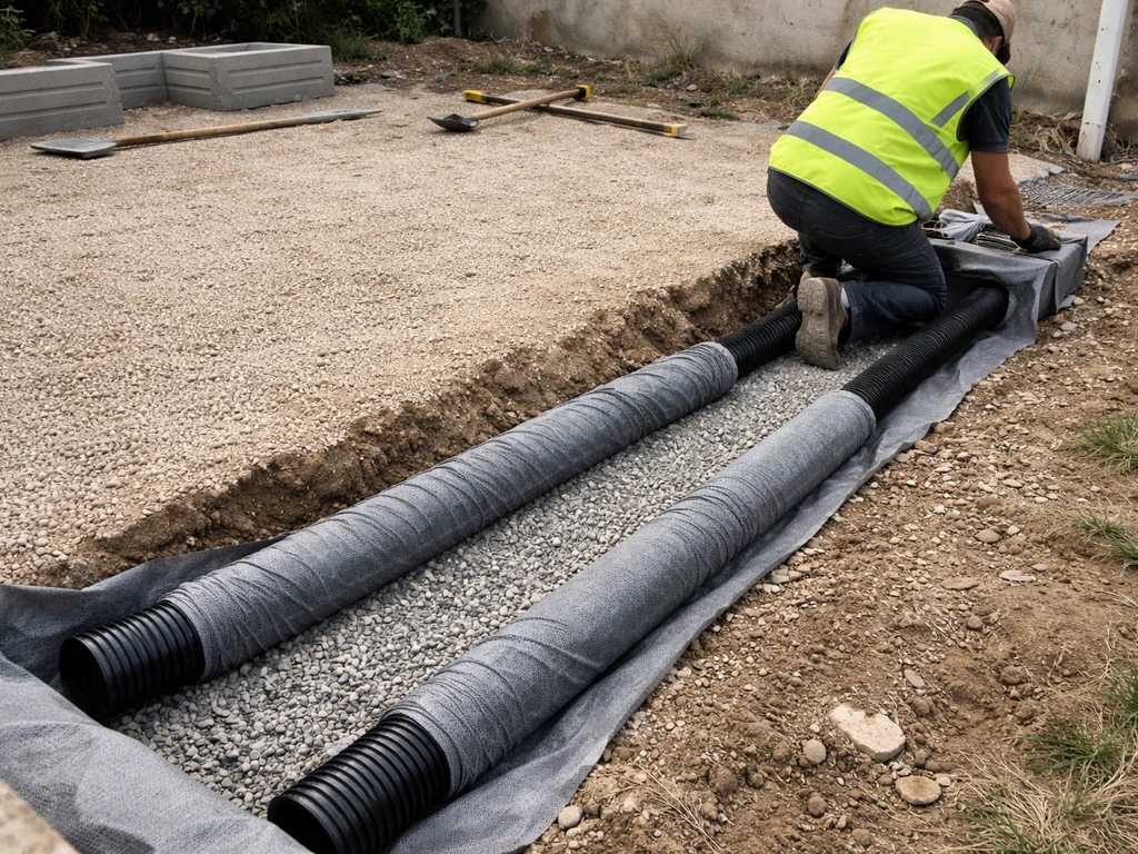 Chantier en cours : base de cour et tuyaux de drainage posés avec une pente au sol.