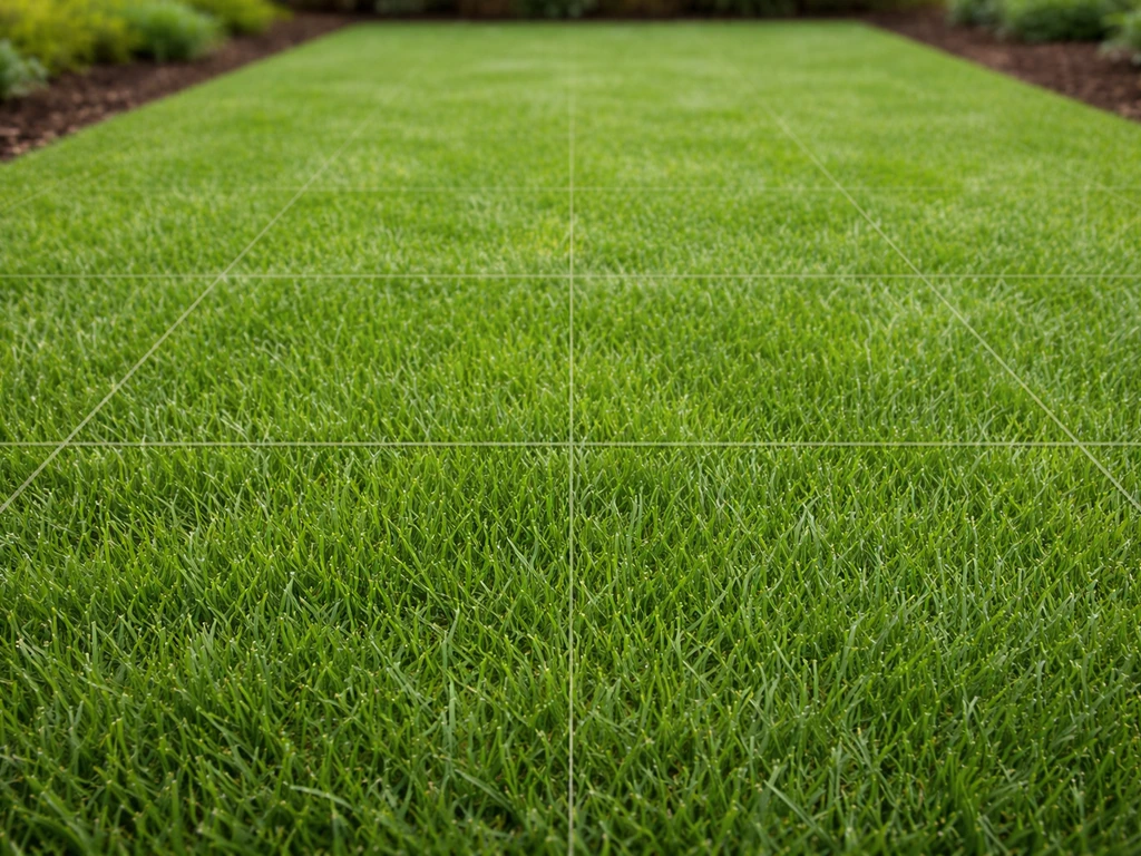 Gros plan d’un petit gazon vert dense avec quadrillage discret au sol, évoquant des mesures d’entretien.