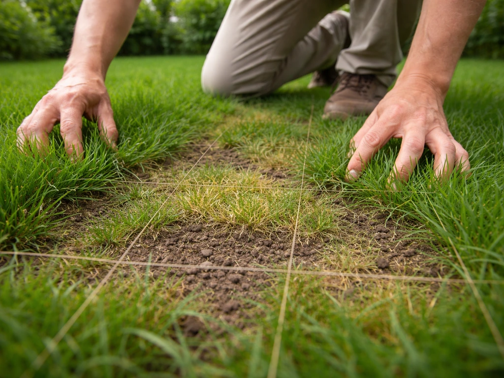 Gazon vu de près avec zones plus clairsemées et une inspection au sol, sans texte ni logos.