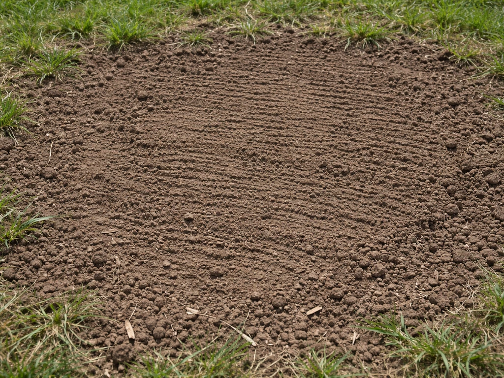Zone de pelouse clairsemée avec sol nu scarifié, prêt pour le regarnissage localisé.