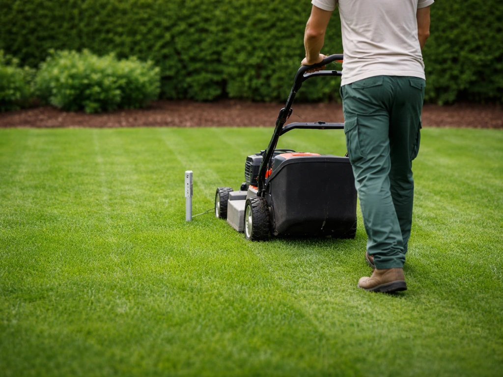 Jardinier tonde le gazon avec une hauteur de coupe maîtrisée, repère de hauteur près de la tondeuse.