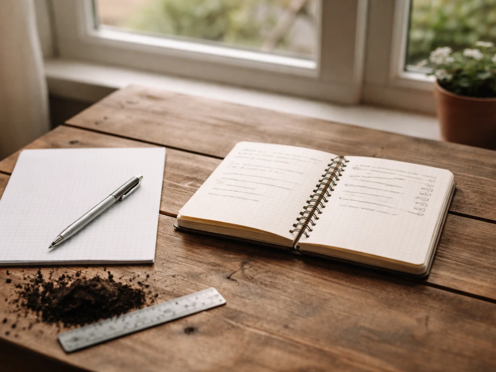 Carnet de jardin sur une table, feuilles quadrillées avec cases et notes pour le suivi mensuel du gazon.