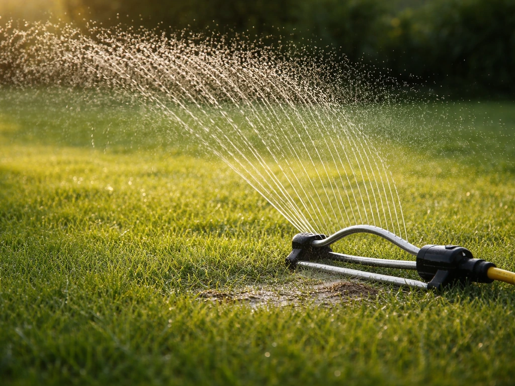 Arroseur en action sur une pelouse au petit matin, gouttes visibles et sol ré-humidifié.