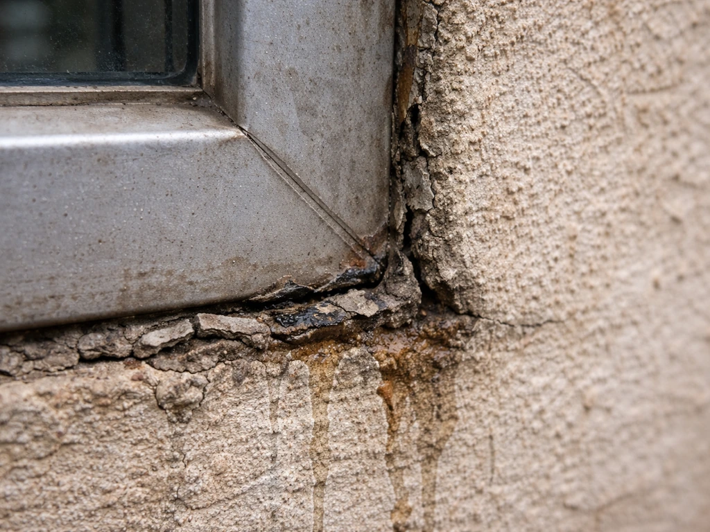 Gros plan sur un joint fissuré et oxydé entre une huisserie et la maçonnerie, avec signes de perte d’étanchéité.