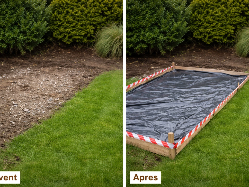 Pelouse protégée : zone délimitée par lattes et ruban de chantier, bâche posée avant travaux.