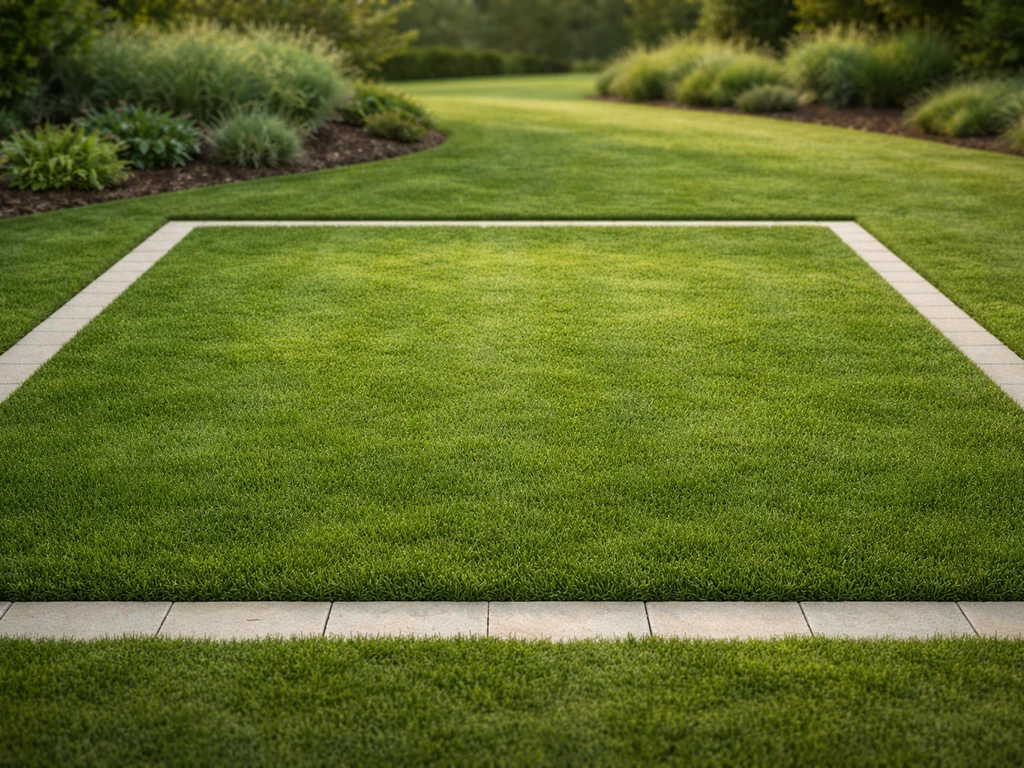 Parterre de gazon rectangulaire délimité par une bordure en pierre, jardin calme, vue d’ensemble nette.