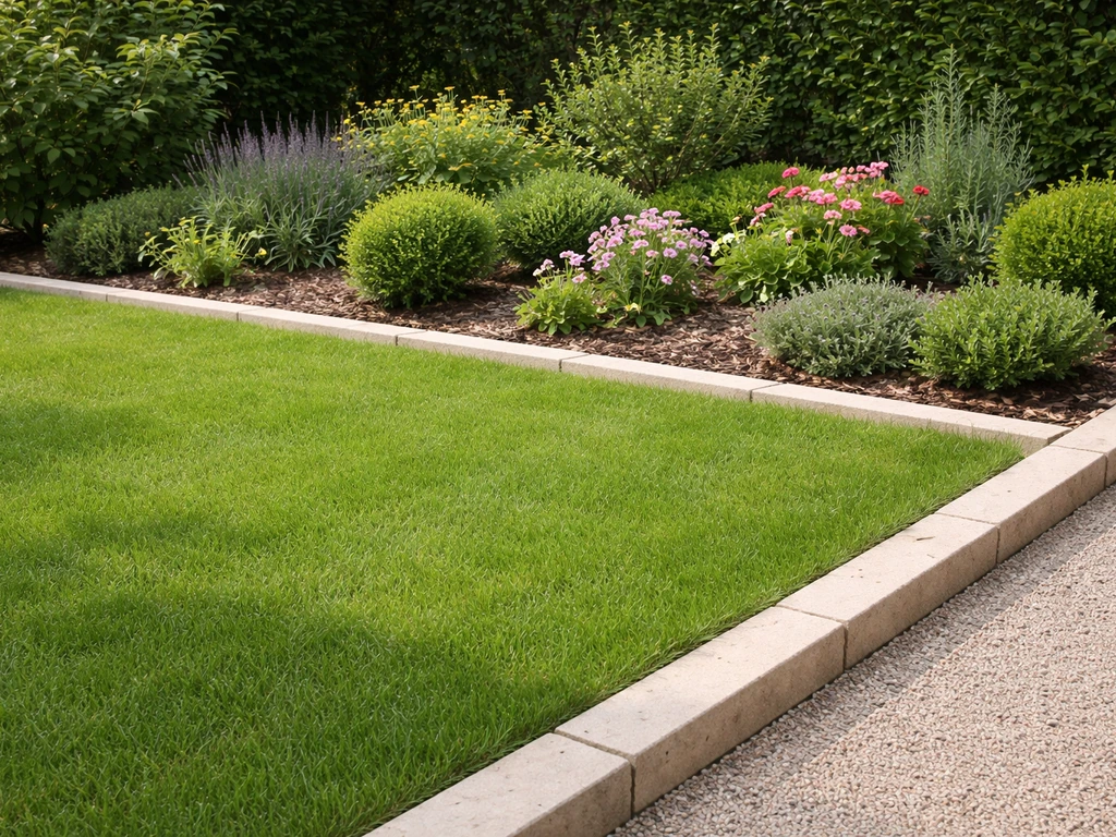 Parterre de gazon délimité avec bordure en pierre, gazon ras et petites plantes ornementales.